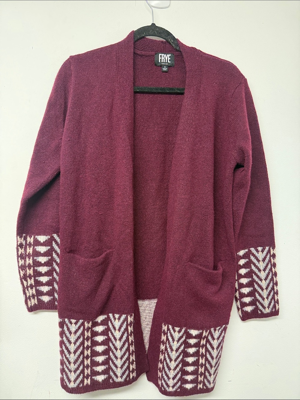 Frye Burgundy Open Cardigan with Cream Geometric Trim